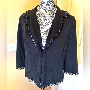 Kate Rosy- women’s blazer, black  with whiter polka dots & lace. Size Lg.
